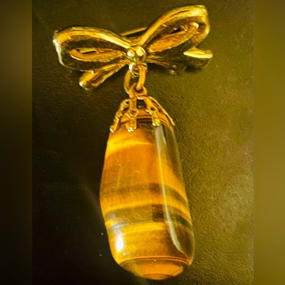 Vintage Gold Bow Tiger’s Eye Stone Brooch/Pin - Picture 3 of 6
